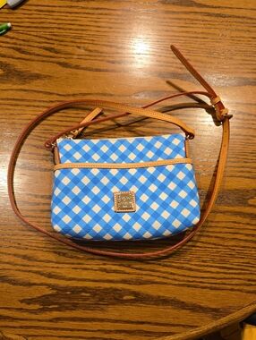 Dooney & Bourke Blue and Cream Gingham Crossbody Tan Leather Adjustable Strap